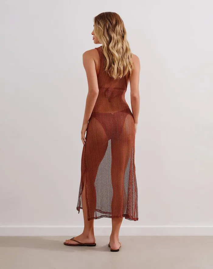 Women ViX Paula Hermanny Cover Ups Mesh Twist Long Cover Up 8211 Brick