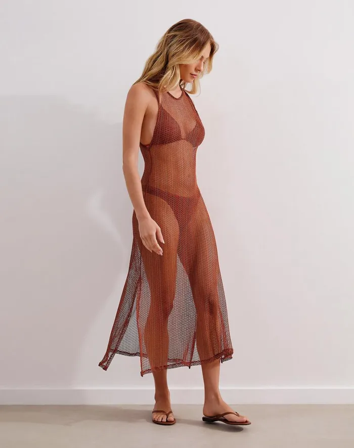 Women ViX Paula Hermanny Cover Ups Mesh Twist Long Cover Up 8211 Brick