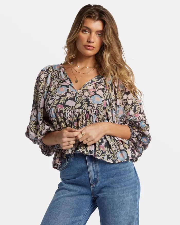 Womens Adore You Blouson Sleeve Shirt Black Sands Billabong Tops Womens Adore You Blouson Sleeve Shirt Black Sands Billabong Tops