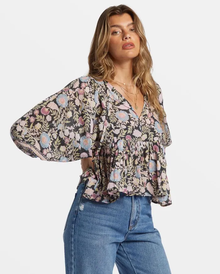 Womens Adore You Blouson Sleeve Shirt Black Sands Billabong Tops Womens Adore You Blouson Sleeve Shirt Black Sands Billabong Tops