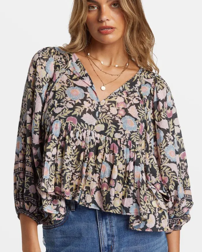 Womens Adore You Blouson Sleeve Shirt Black Sands Billabong Tops Womens Adore You Blouson Sleeve Shirt Black Sands Billabong Tops