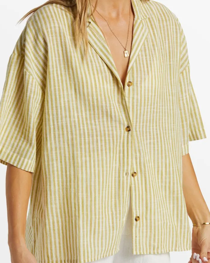Womens Beach Side Oversized Short Sleeve Shirt Moss Joy Billabong Tops
