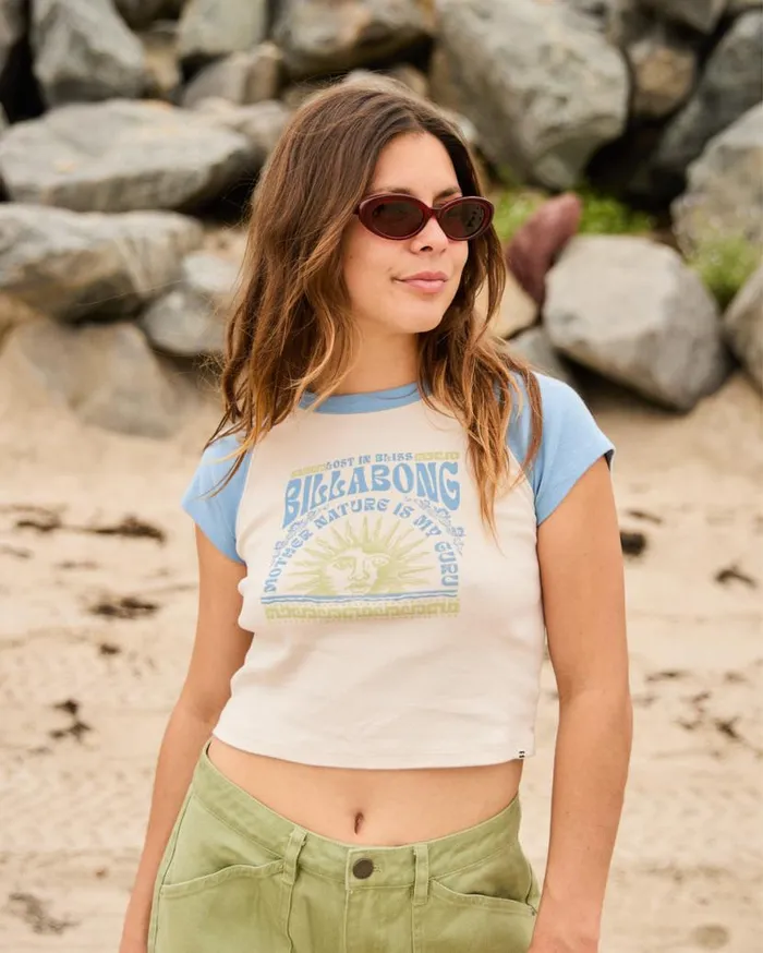 Womens Blissed Cropped Raglan TShirt Blue Shadow Billabong Graphic Tees and Tanks Womens Blissed Cropped Raglan TShirt Blue Shadow Billabong Graphic Tees and Tanks