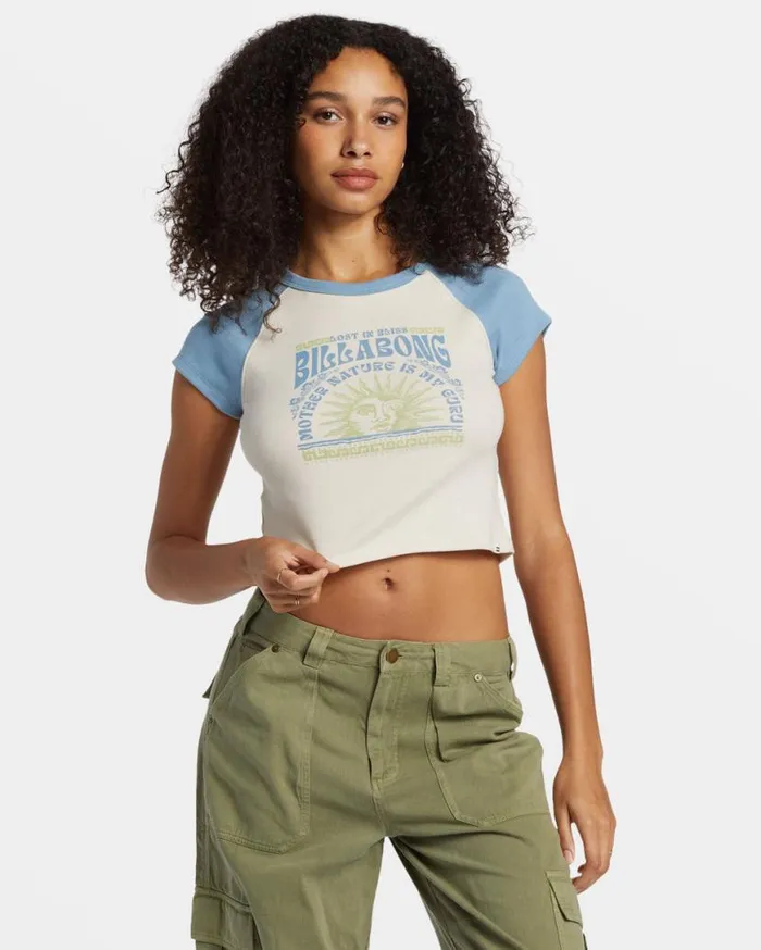 Womens Blissed Cropped Raglan TShirt Blue Shadow Billabong Graphic Tees and Tanks Womens Blissed Cropped Raglan TShirt Blue Shadow Billabong Graphic Tees and Tanks