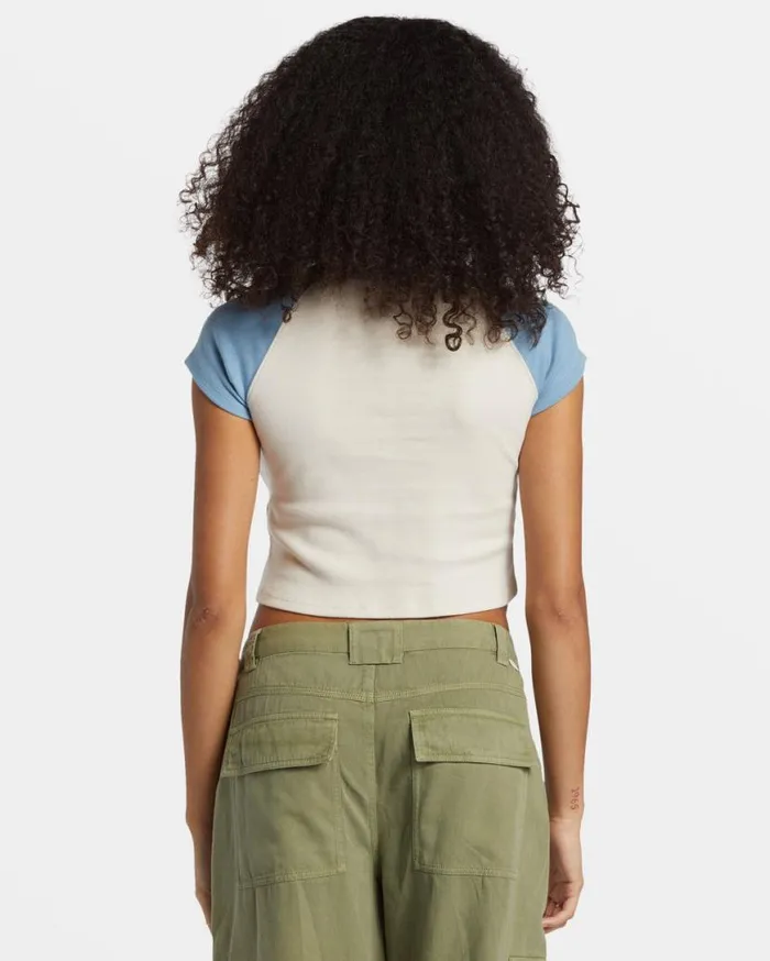 Womens Blissed Cropped Raglan TShirt Blue Shadow Billabong Graphic Tees and Tanks Womens Blissed Cropped Raglan TShirt Blue Shadow Billabong Graphic Tees and Tanks