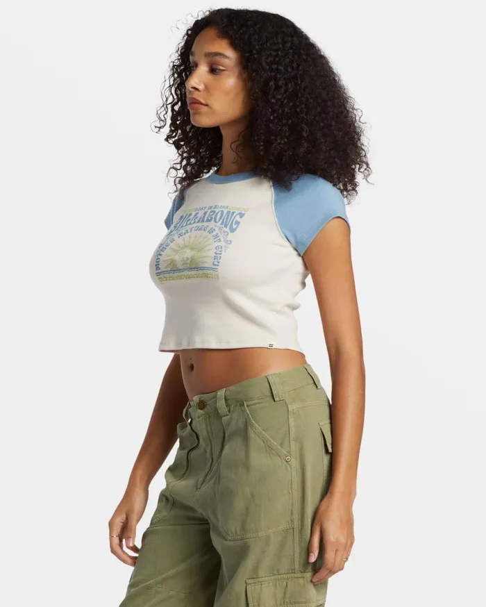 Womens Blissed Cropped Raglan TShirt Blue Shadow Billabong Graphic Tees and Tanks Womens Blissed Cropped Raglan TShirt Blue Shadow Billabong Graphic Tees and Tanks