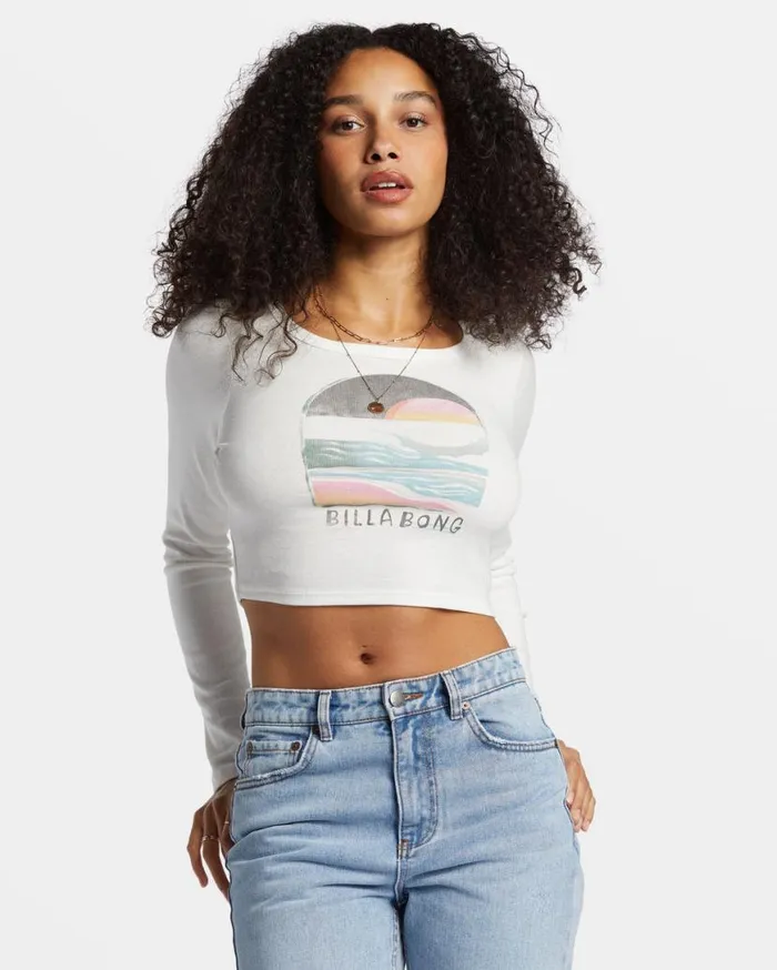 Womens Find Your Coast Long Sleeve Cropped Tshirt Salt Crystal Billabong Graphic Tees and Tanks