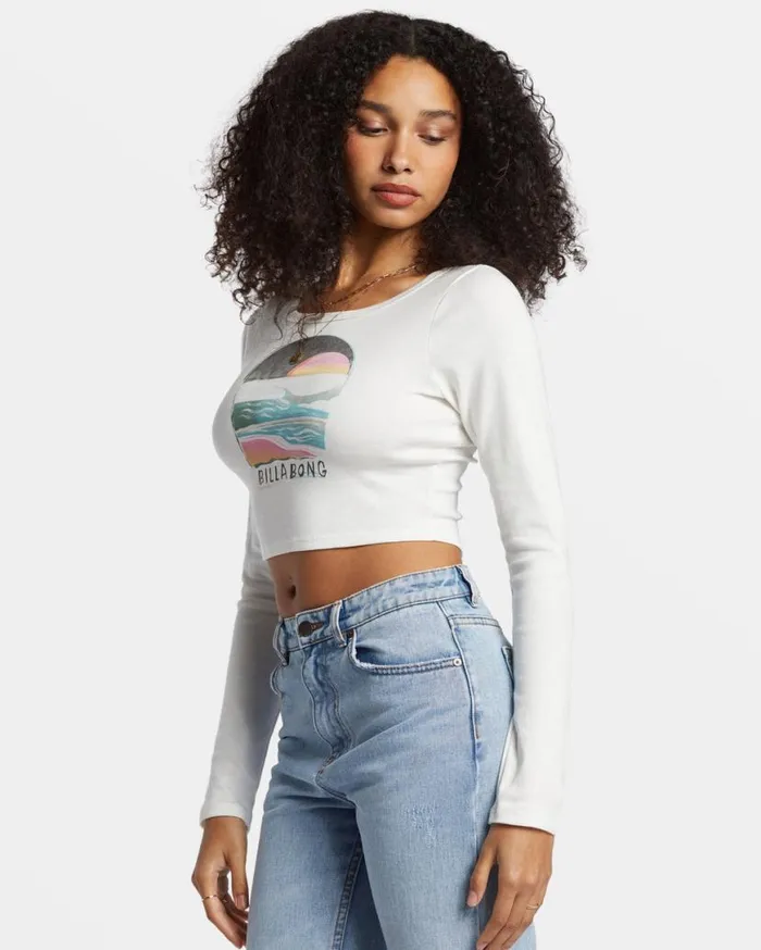 Womens Find Your Coast Long Sleeve Cropped Tshirt Salt Crystal Billabong Graphic Tees and Tanks Womens Find Your Coast Long Sleeve Cropped Tshirt Salt Crystal Billabong Graphic Tees and Tanks