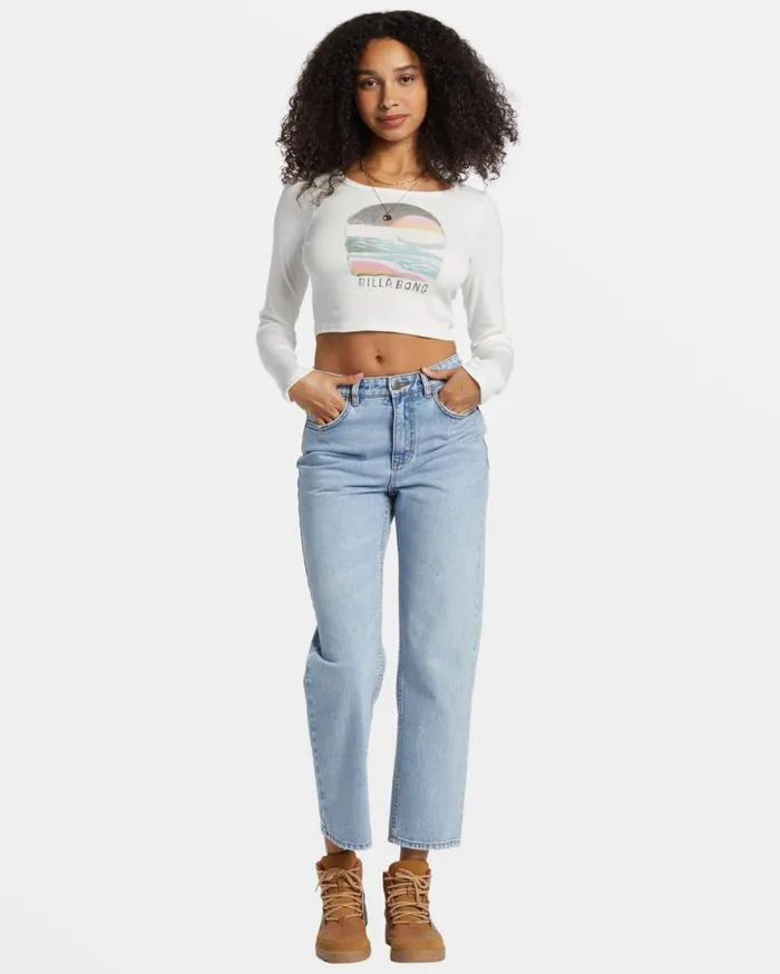 Womens Find Your Coast Long Sleeve Cropped Tshirt Salt Crystal Billabong Graphic Tees and Tanks Womens Find Your Coast Long Sleeve Cropped Tshirt Salt Crystal Billabong Graphic Tees and Tanks