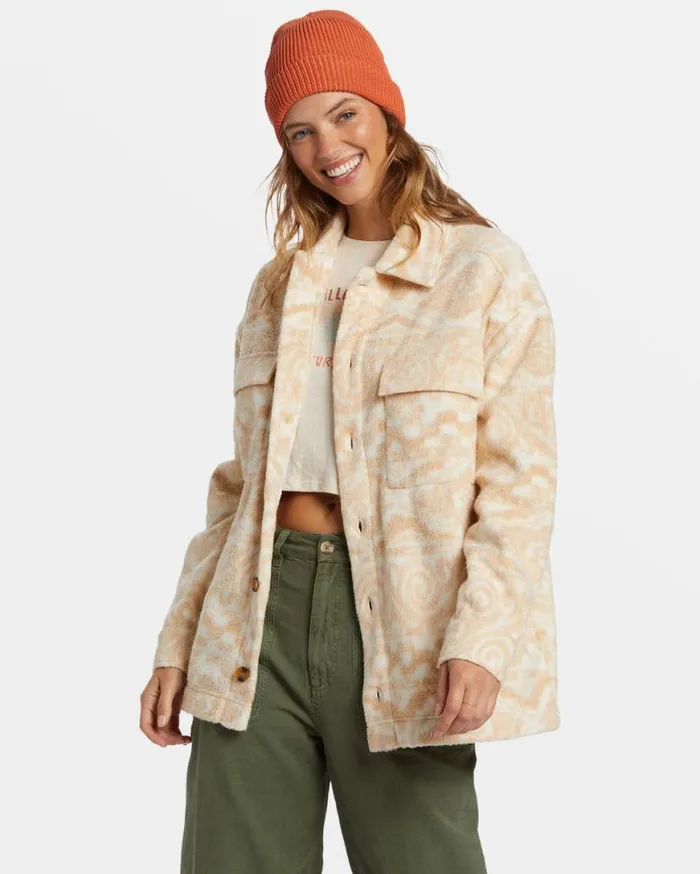 Womens Happy Camper Shacket Button Sweater Wet Sand Billabong Tops Womens Happy Camper Shacket Button Sweater Wet Sand Billabong Tops