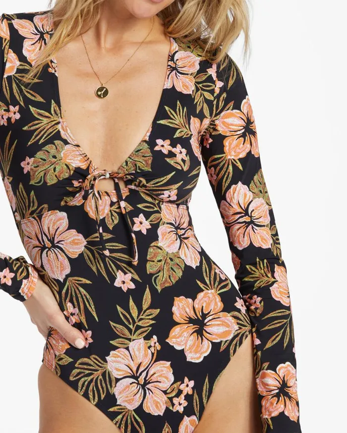 Womens Hooked On Tropics Surf Tee Black Pebble Billabong Rashguards and Bodysuits Womens Hooked On Tropics Surf Tee Black Pebble Billabong Rashguards and Bodysuits