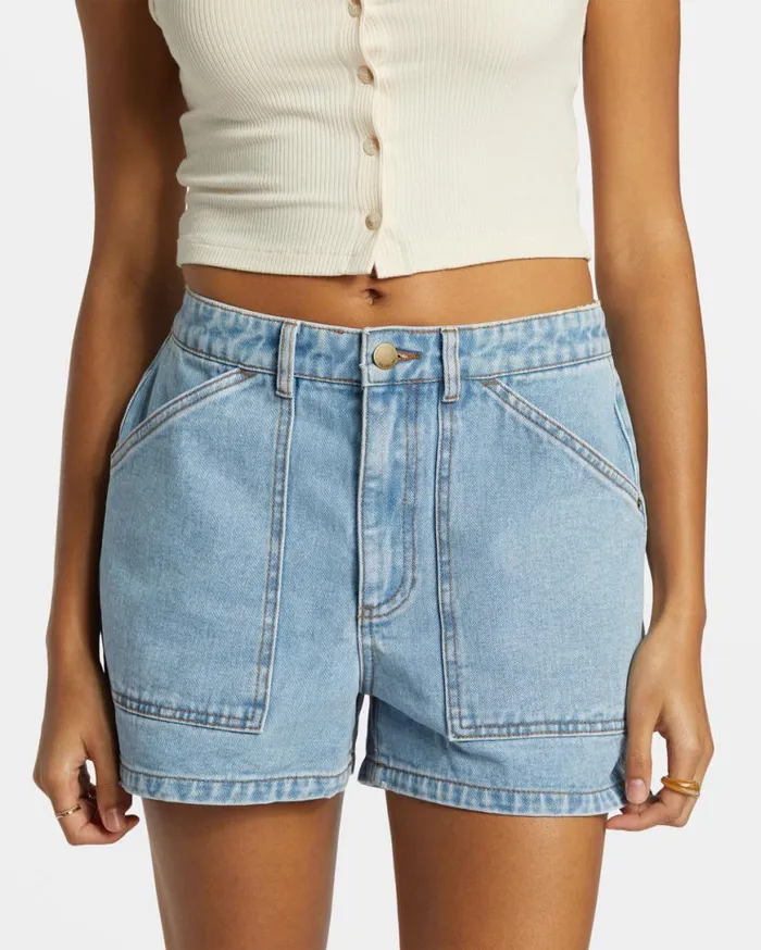 Womens Leia Carpenter Denim Shorts Soft Blue Billabong Shorts Womens Leia Carpenter Denim Shorts Soft Blue Billabong Shorts