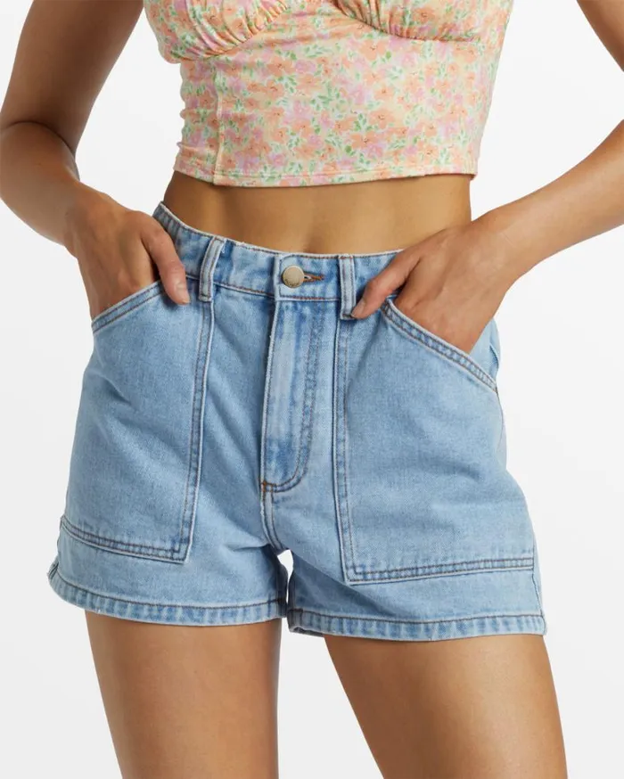 Womens Leia Carpenter Denim Shorts Soft Blue Billabong Shorts Womens Leia Carpenter Denim Shorts Soft Blue Billabong Shorts