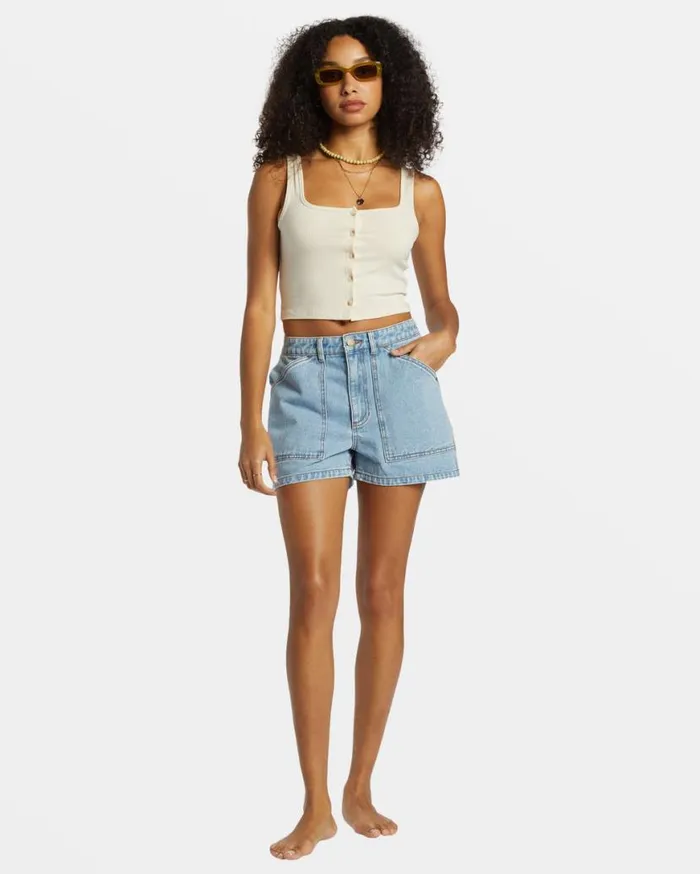 Womens Leia Carpenter Denim Shorts Soft Blue Billabong Shorts Womens Leia Carpenter Denim Shorts Soft Blue Billabong Shorts