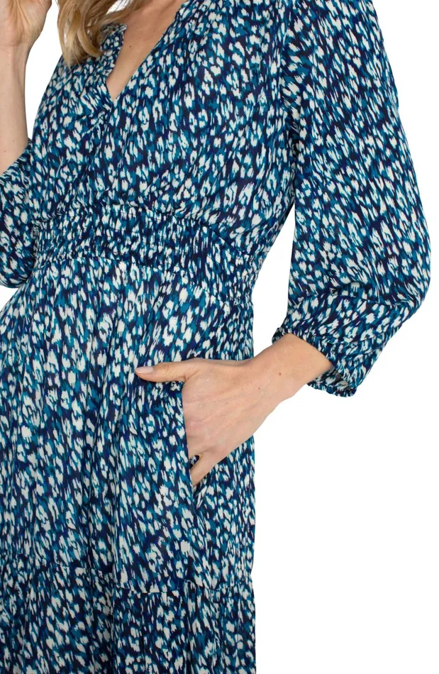 Womens Liverpool Los Angeles Dresses 34 SLEEVE TIERED MAXI DRESS Blue Topaz Animal
