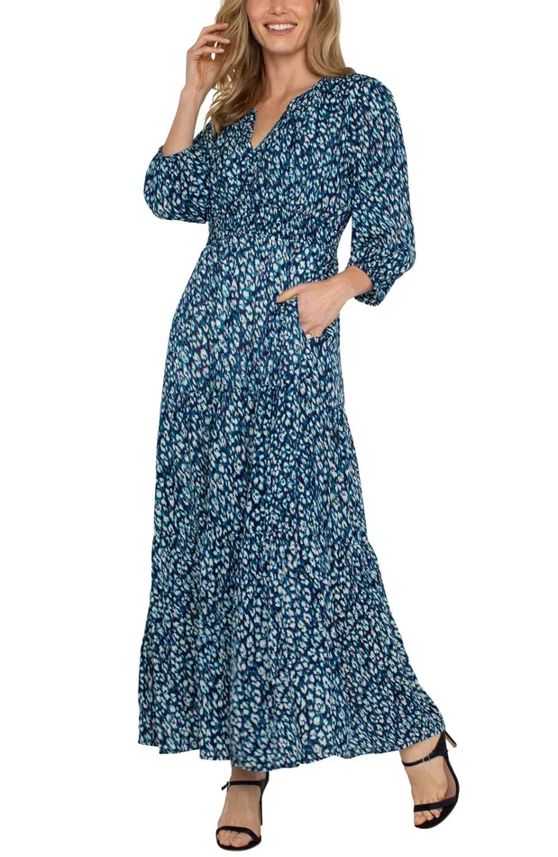 Womens Liverpool Los Angeles Dresses 34 SLEEVE TIERED MAXI DRESS Blue Topaz Animal