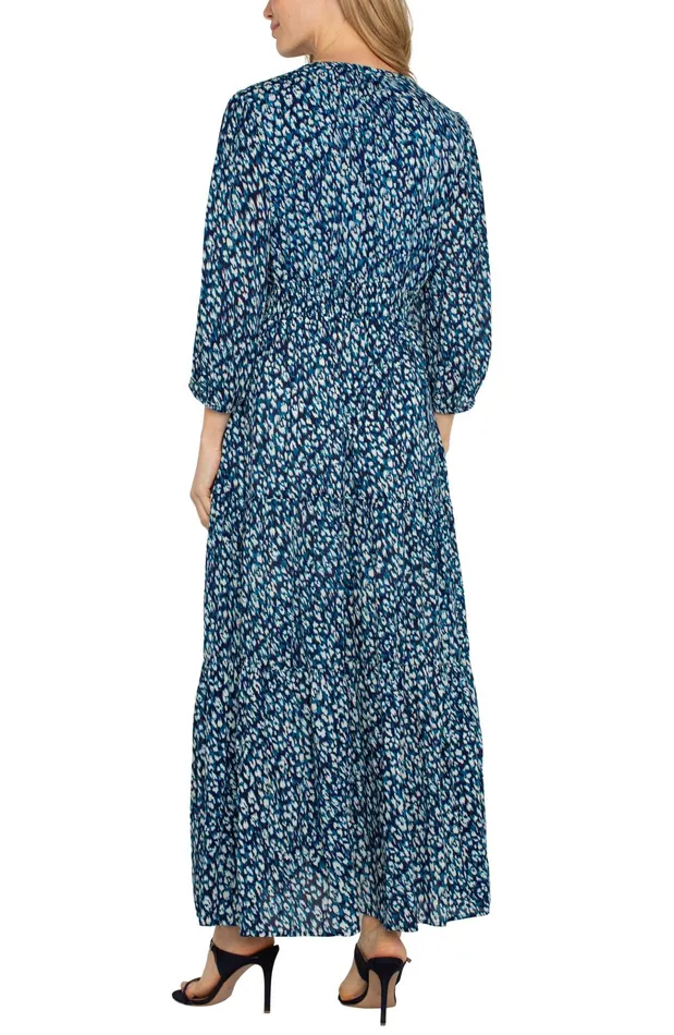 Womens Liverpool Los Angeles Dresses 34 SLEEVE TIERED MAXI DRESS Blue Topaz Animal
