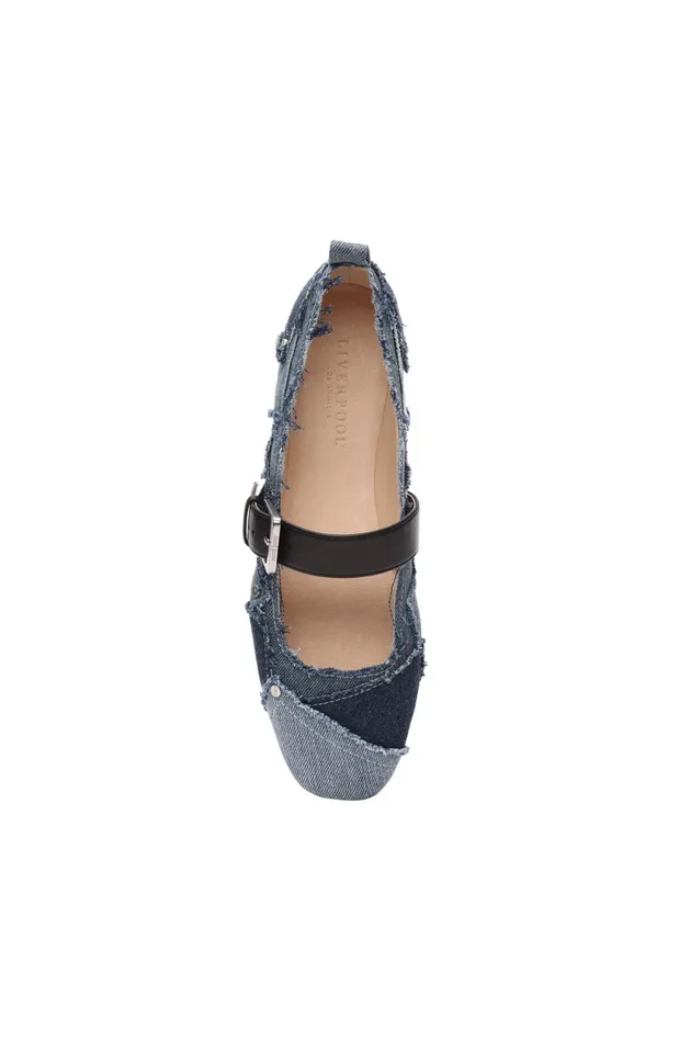 Womens Liverpool Los Angeles Flats OAKPARK PATCHWORK FRAYED DENIM BALLERINA FLAT Lt Blue Indigo