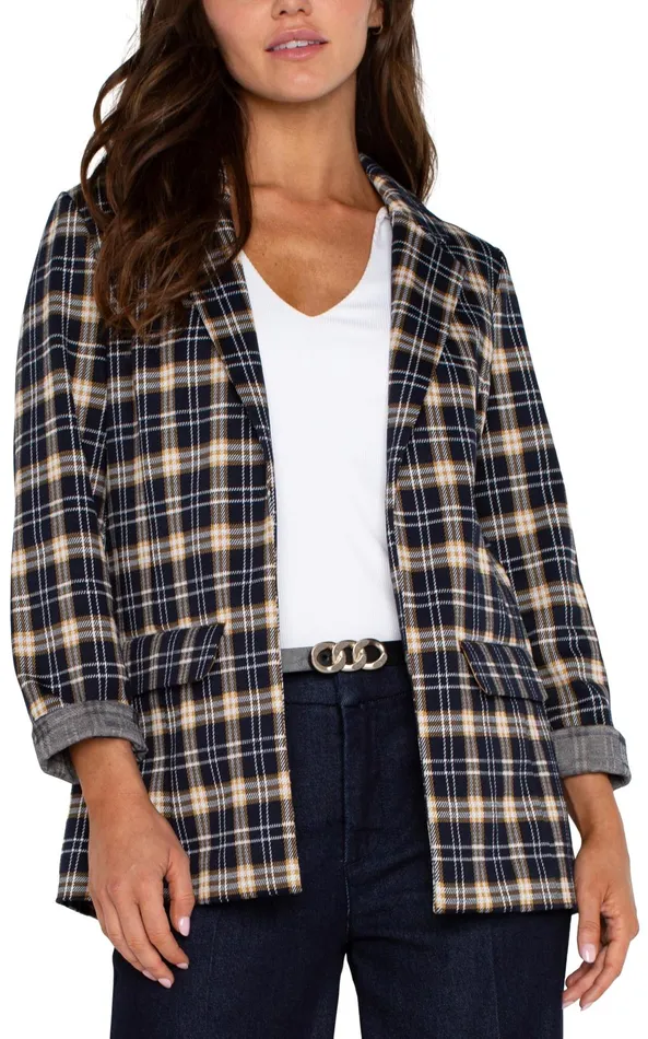 Womens Liverpool Los Angeles Jackets BOYFRIEND BLAZER Dark Navy Tartan Plaid