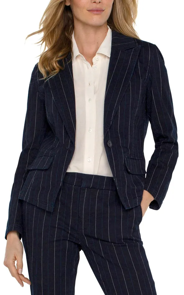 Womens Liverpool Los Angeles Jackets NOTCH COLLAR ONE BUTTON BLAZER Lapis Indigo Stripe