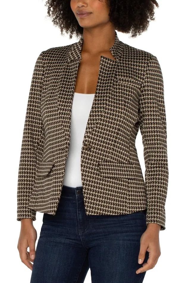 Womens Liverpool Los Angeles Jackets ONE BUTTON BLAZER Tan Brown Mod Houndstooth