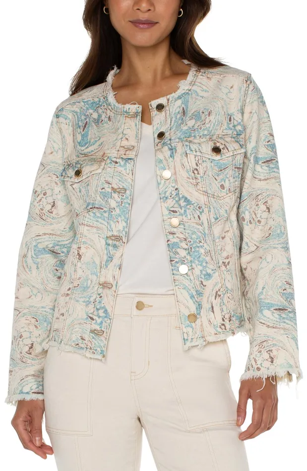 Womens Liverpool Los Angeles Jackets PRINTED CROPPED ECO JACKET WITH FRAY HEM Ocean Blue Ecru Marble Womens Liverpool Los Angeles Jackets PRINTED CROPPED ECO JACKET WITH FRAY HEM Ocean Blue Ecru Marble