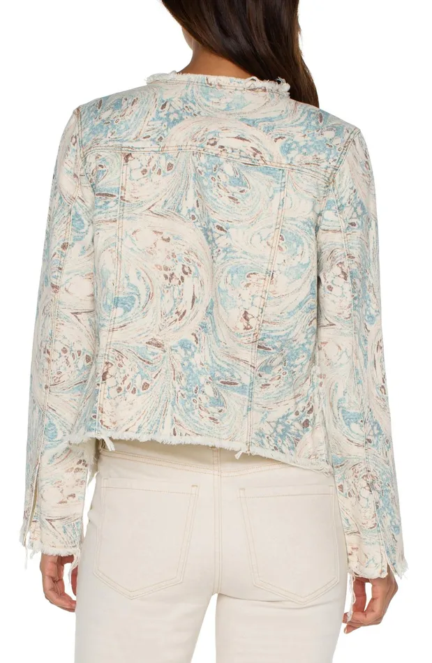 Womens Liverpool Los Angeles Jackets PRINTED CROPPED ECO JACKET WITH FRAY HEM Ocean Blue Ecru Marble