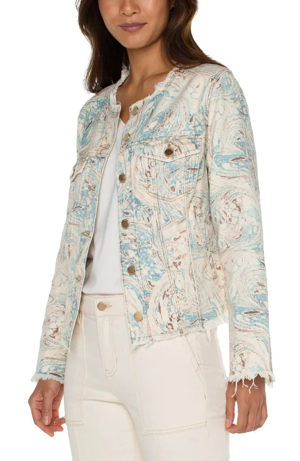 Womens Liverpool Los Angeles Jackets PRINTED CROPPED ECO JACKET WITH FRAY HEM Ocean Blue Ecru Marble