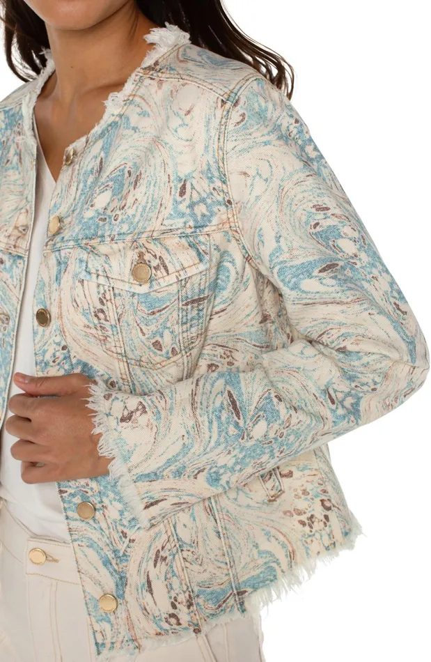 Womens Liverpool Los Angeles Jackets PRINTED CROPPED ECO JACKET WITH FRAY HEM Ocean Blue Ecru Marble