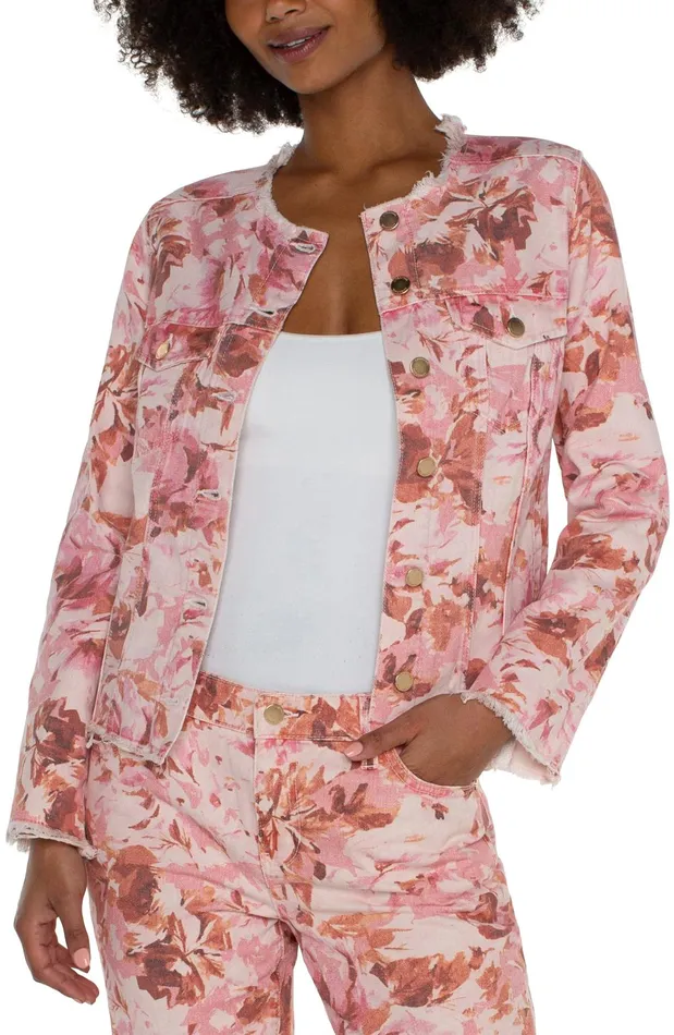 Womens Liverpool Los Angeles Jackets PRINTED CROPPED ECO JACKET WITH FRAY HEM Pink Floral Womens Liverpool Los Angeles Jackets PRINTED CROPPED ECO JACKET WITH FRAY HEM Pink Floral