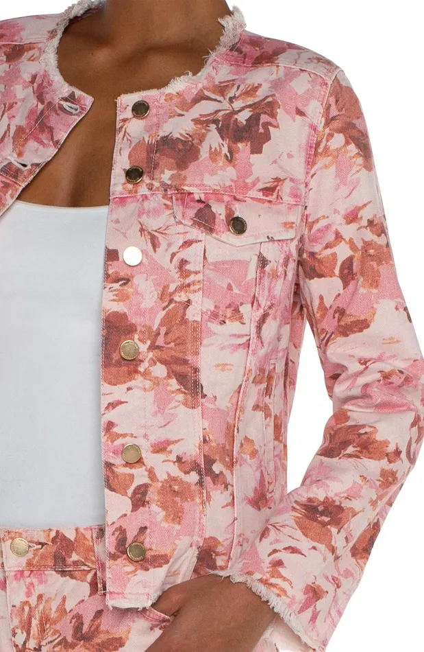 Womens Liverpool Los Angeles Jackets PRINTED CROPPED ECO JACKET WITH FRAY HEM Pink Floral