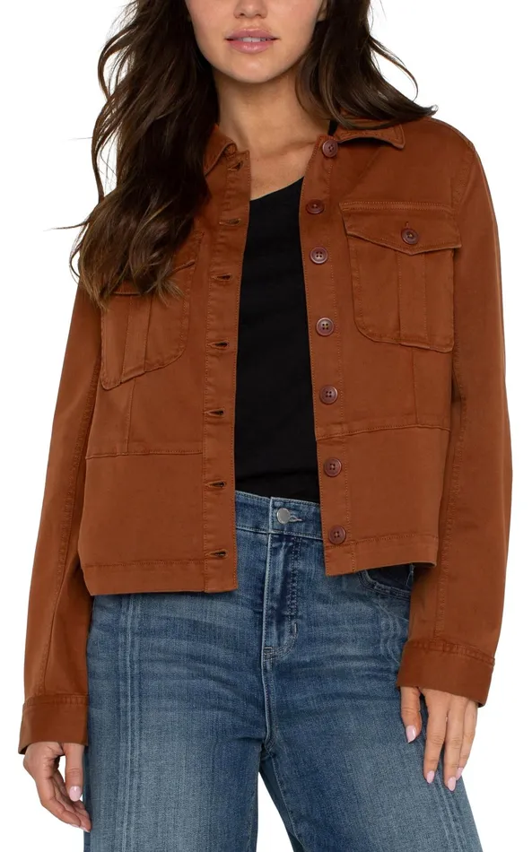 Womens Liverpool Los Angeles Jackets TRUCKER JACKET WITH PEPLUM HEM Burlywood