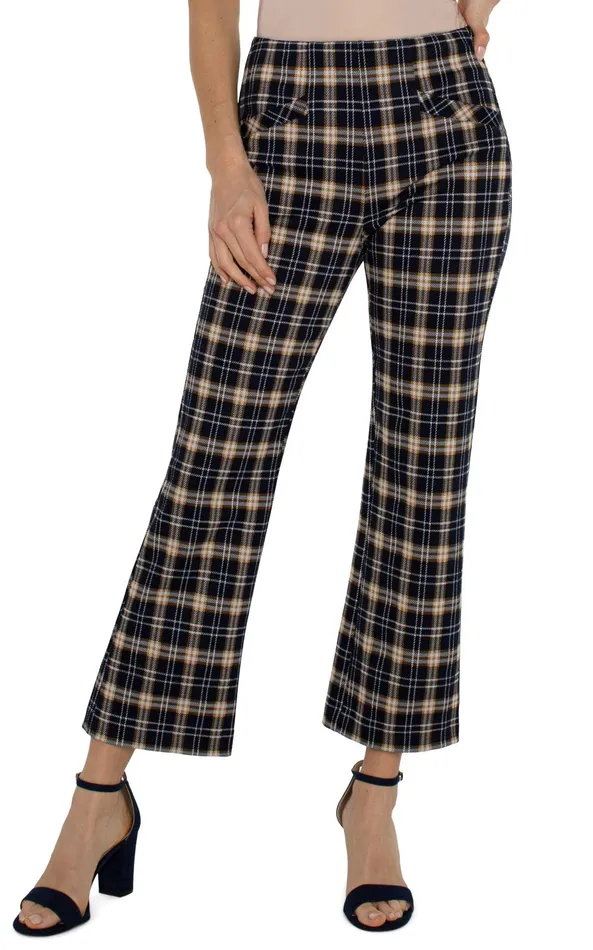 Womens Liverpool Los Angeles Pants STELLA KICK FLARE WITH WELT POCKETS Dark Navy Tartan Plaid