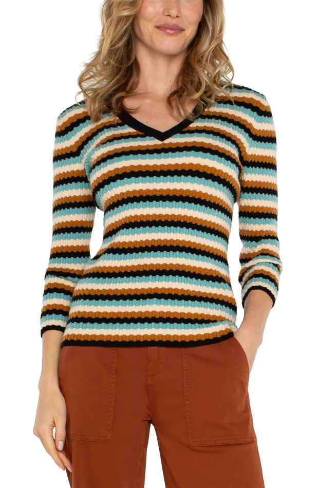 Womens Liverpool Los Angeles Sweaters 34 SLEEVE VNECK SWEATER Ocean Multistripe Womens Liverpool Los Angeles Sweaters 34 SLEEVE VNECK SWEATER Ocean Multistripe