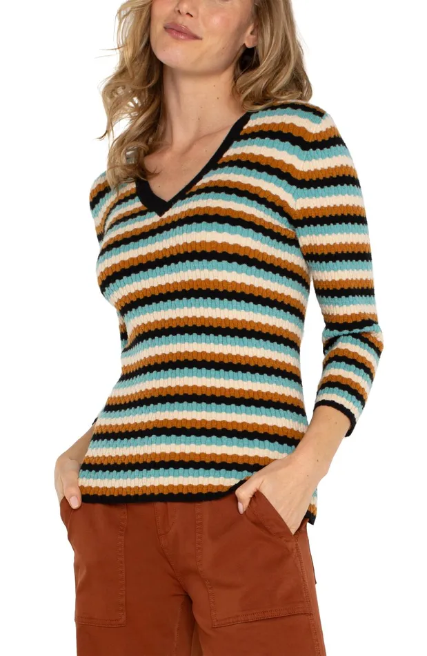 Womens Liverpool Los Angeles Sweaters 34 SLEEVE VNECK SWEATER Ocean Multistripe
