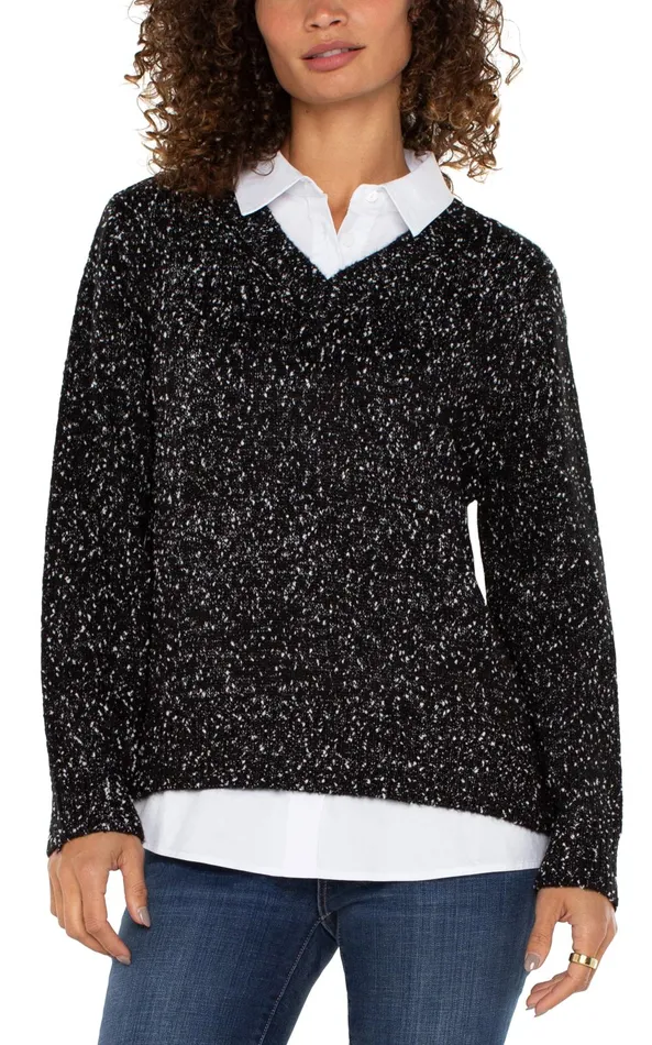 Womens Liverpool Los Angeles Sweaters LONG SLEEVE TWOFER COLLARED SWEATER Black With White Flecks Womens Liverpool Los Angeles Sweaters LONG SLEEVE TWOFER COLLARED SWEATER Black With White Flecks