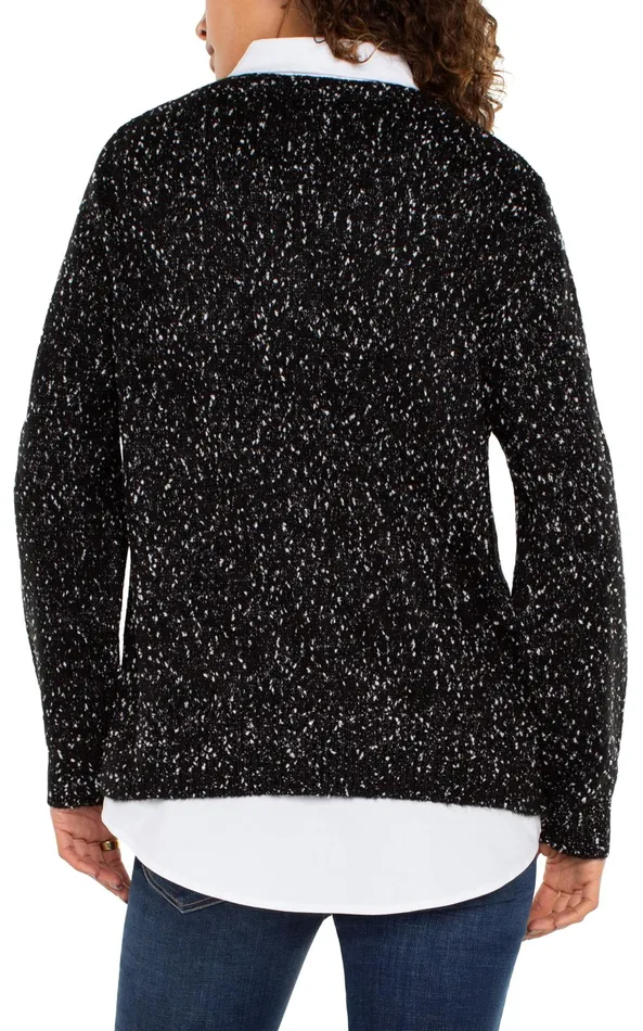 Womens Liverpool Los Angeles Sweaters LONG SLEEVE TWOFER COLLARED SWEATER Black With White Flecks