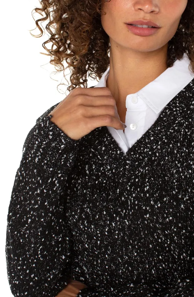 Womens Liverpool Los Angeles Sweaters LONG SLEEVE TWOFER COLLARED SWEATER Black With White Flecks