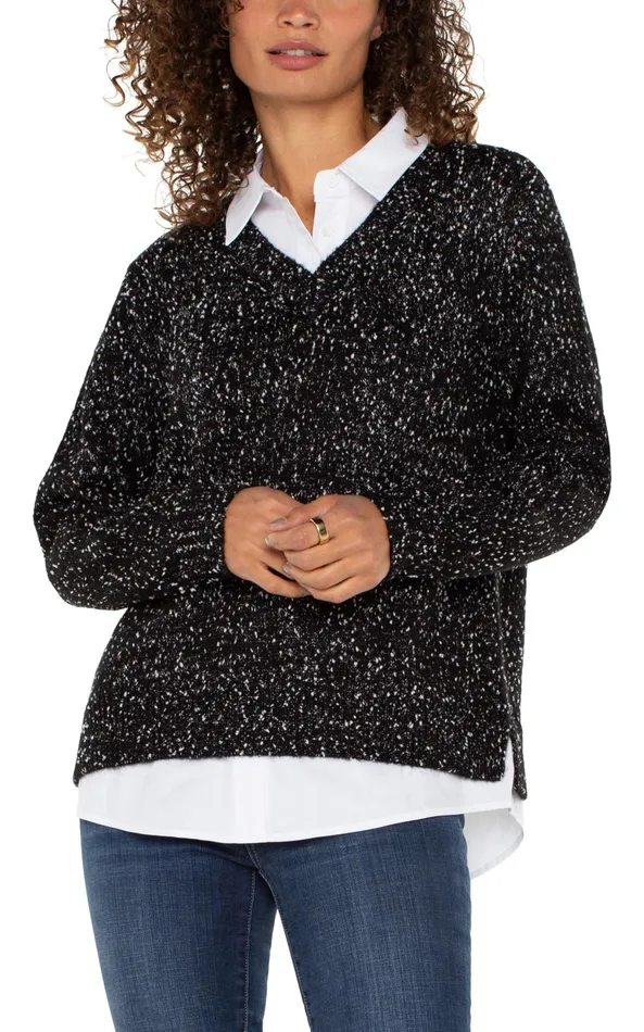 Womens Liverpool Los Angeles Sweaters LONG SLEEVE TWOFER COLLARED SWEATER Black With White Flecks