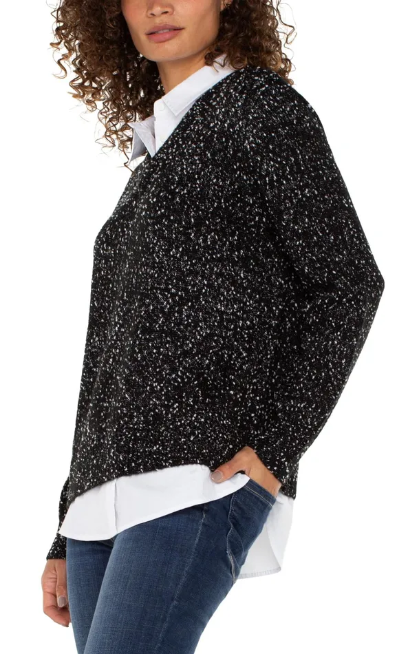 Womens Liverpool Los Angeles Sweaters LONG SLEEVE TWOFER COLLARED SWEATER Black With White Flecks