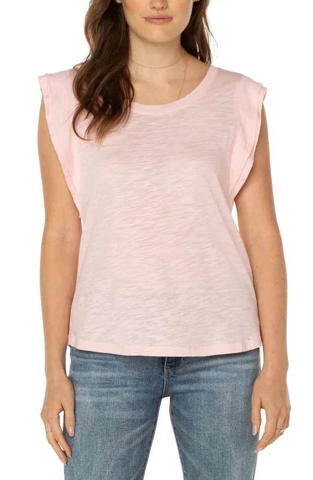Womens Liverpool Los Angeles Tees DOUBLE FLUTTER SLEEVE KNIT TOP Peony