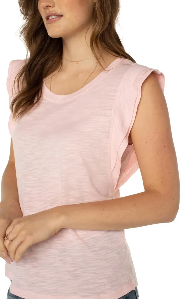 Womens Liverpool Los Angeles Tees DOUBLE FLUTTER SLEEVE KNIT TOP Peony