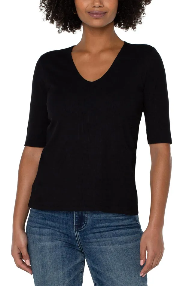 Womens Liverpool Los Angeles Tees DOUBLE LAYER VNECK RIB KNIT TOP Black