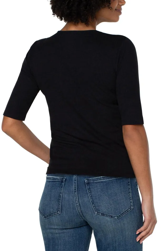 Womens Liverpool Los Angeles Tees DOUBLE LAYER VNECK RIB KNIT TOP Black