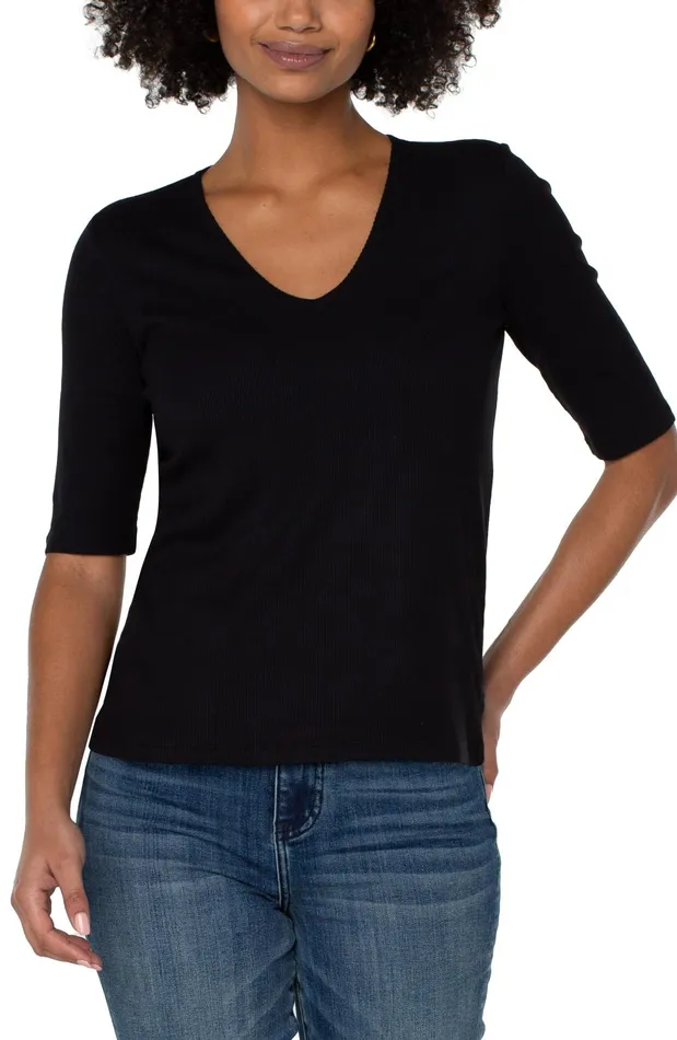 Womens Liverpool Los Angeles Tees DOUBLE LAYER VNECK RIB KNIT TOP Black