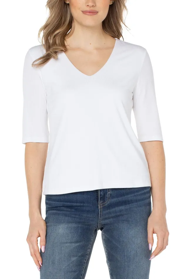 Womens Liverpool Los Angeles Tees DOUBLE LAYER VNECK RIB KNIT TOP Cream