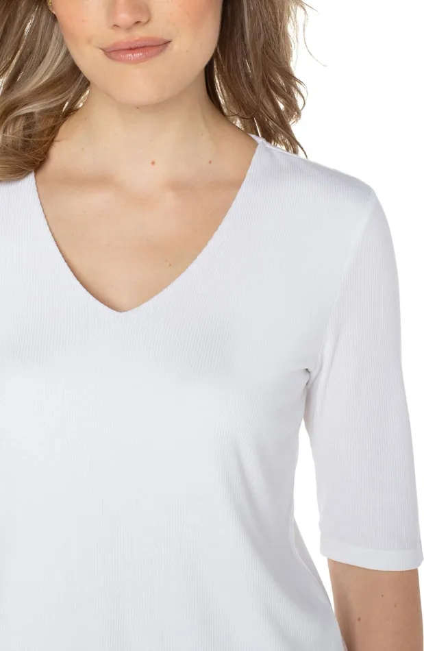 Womens Liverpool Los Angeles Tees DOUBLE LAYER VNECK RIB KNIT TOP Cream