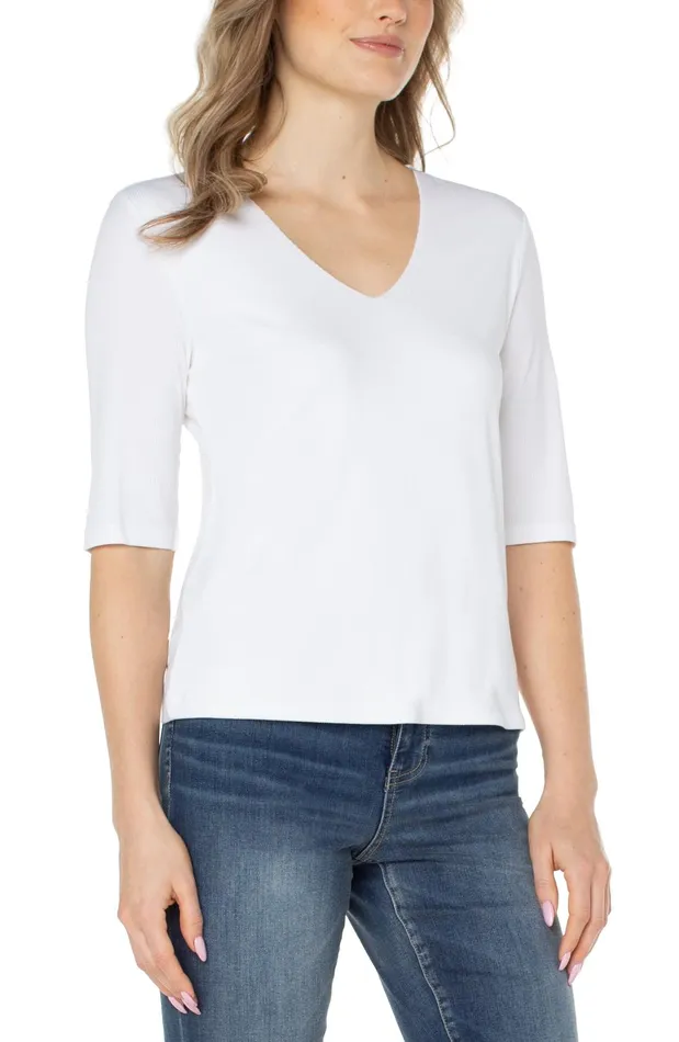 Womens Liverpool Los Angeles Tees DOUBLE LAYER VNECK RIB KNIT TOP Cream