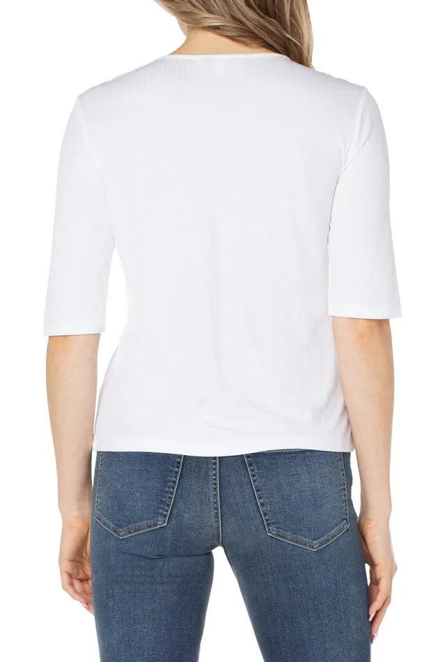 Womens Liverpool Los Angeles Tees DOUBLE LAYER VNECK RIB KNIT TOP Cream