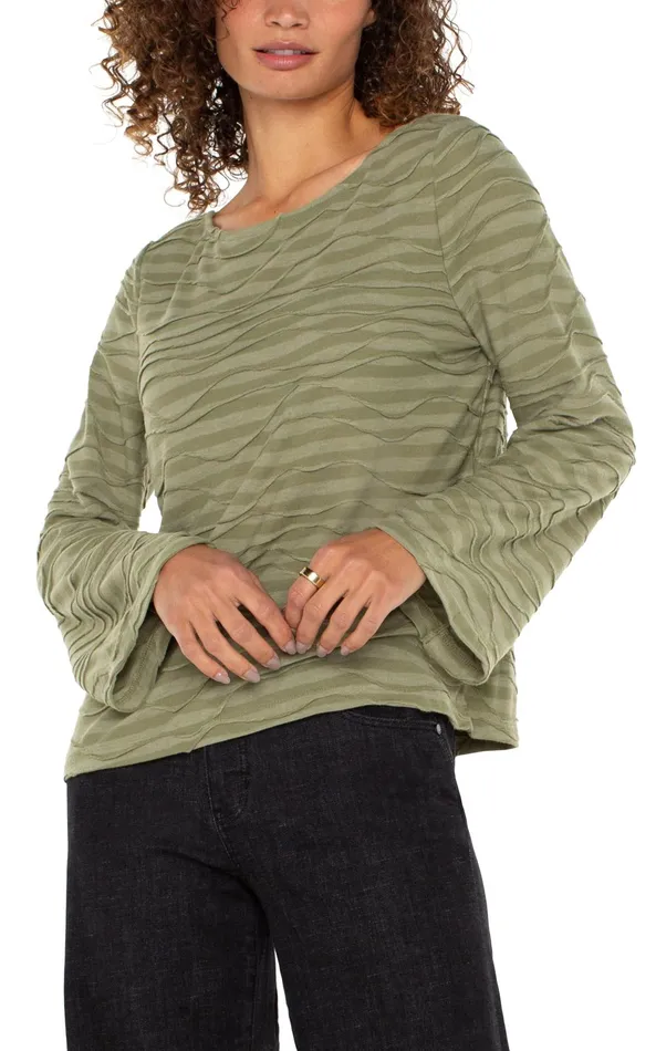 Womens Liverpool Los Angeles Tees FLARED SLEEVE BOAT NECK KNIT TOP Spanish Olive Stripe Womens Liverpool Los Angeles Tees FLARED SLEEVE BOAT NECK KNIT TOP Spanish Olive Stripe